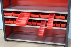 Assorted Holstor racking bins and dividers in multiple sizes for workshop organisation