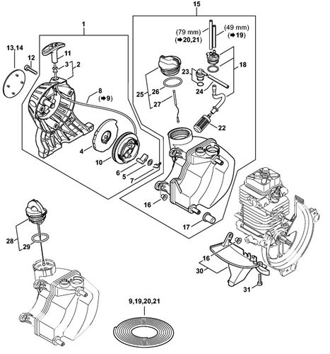 Stihl KM 90R Rewind Starter & Fuel Tank Parts