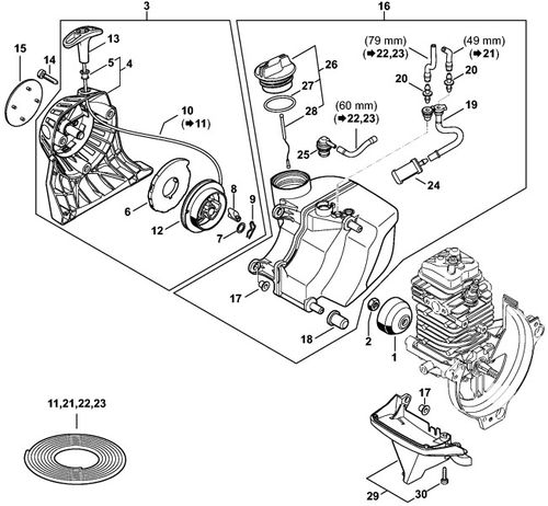 Stihl KM131r Rewind Starter & Fuel Tank Parts