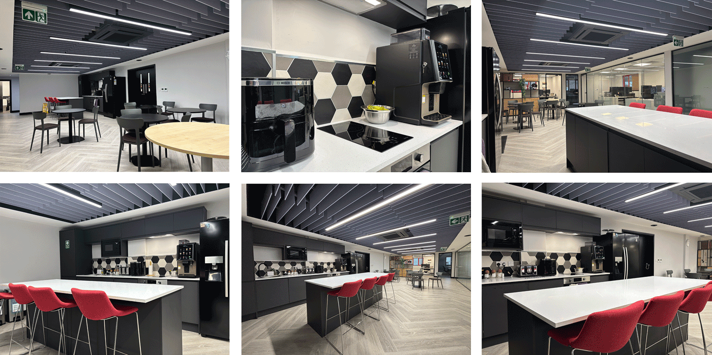Collage of images showing HTS Spares' new collaborative social space at their head office in Hereford.