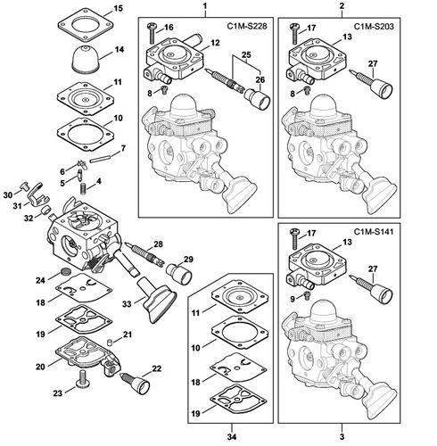 Stihl BG86 Carburettor C1M-S228, C1M-S203, C1M-S141 Parts