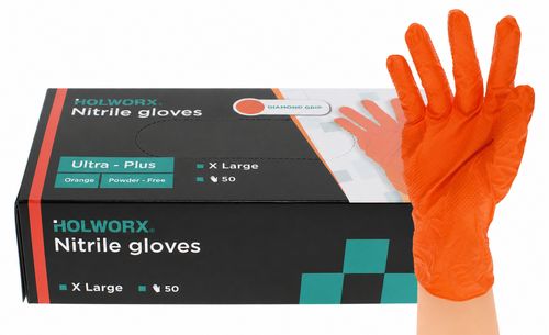 Orange 'Ultra - Plus' Diamond Grip Nitrile Gloves