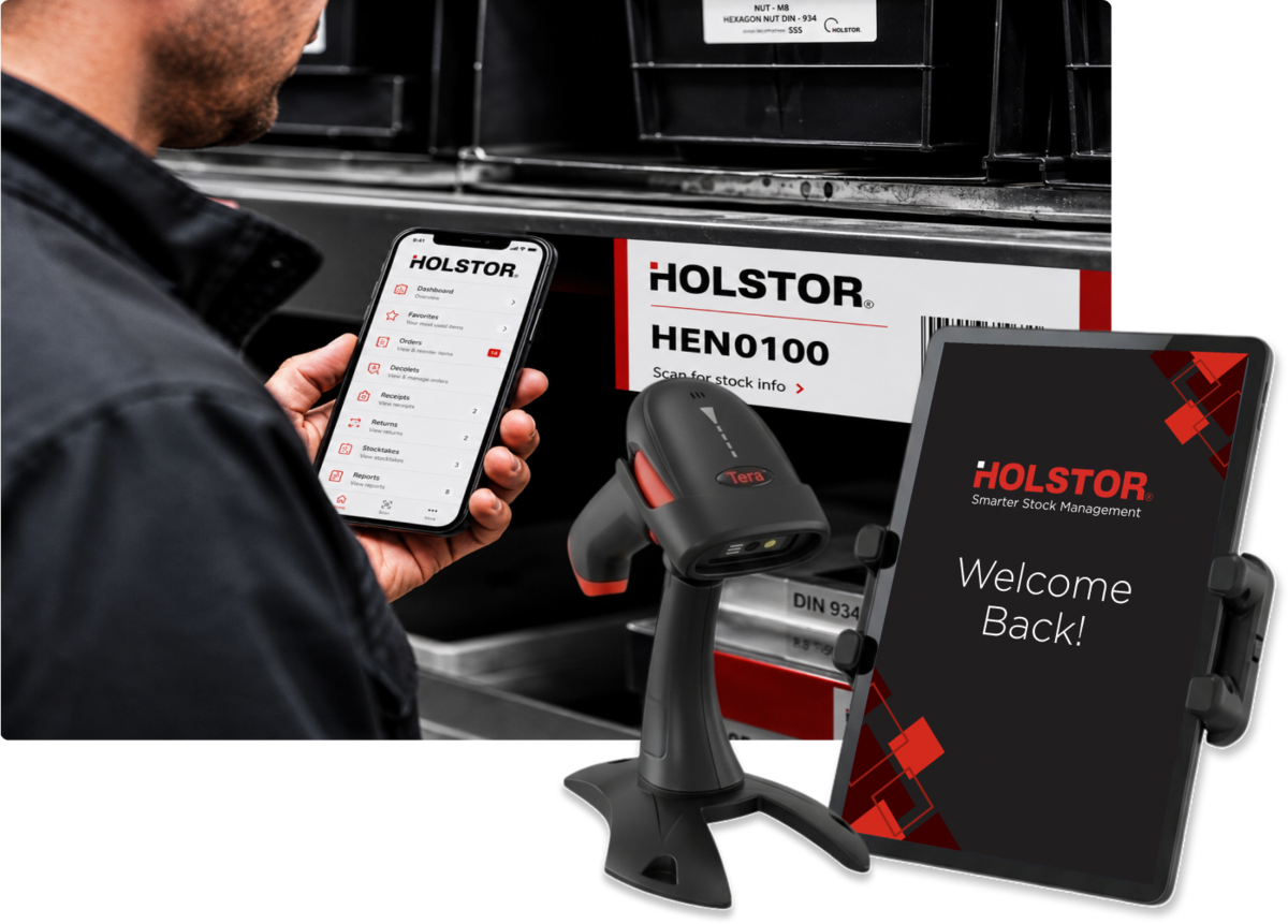 A Holstor® tablet, wall mount and handheld barcode scanner in a workshop
