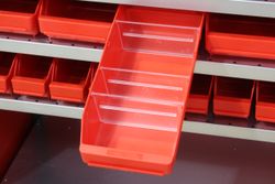 Assorted Holstor racking bins and dividers in multiple sizes for workshop organisation