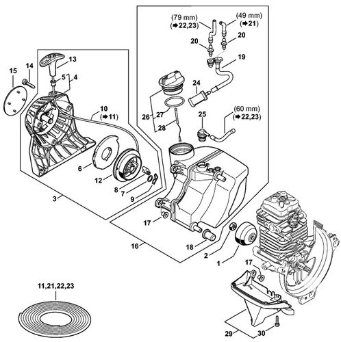 Stihl BT131 Rewind Starter & Fuel Tank Parts
