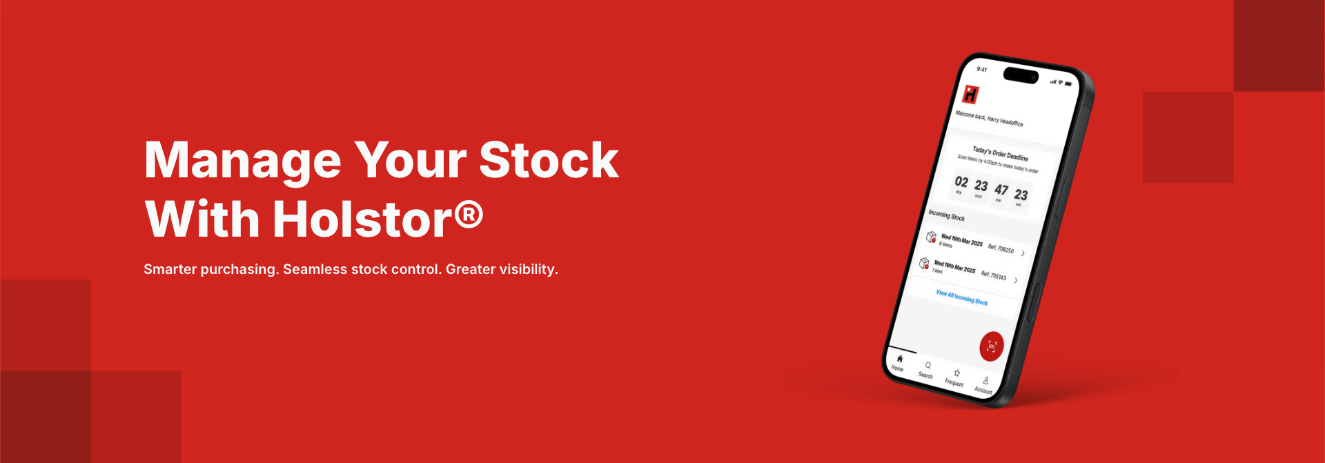 Holstor banner reading 'manage your stock with Holstor' and and image of the Holstor app on a mobile phone.